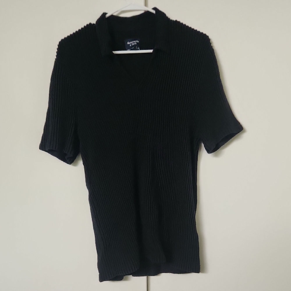 Black Ribbed Short Sleeve Polo Shirt